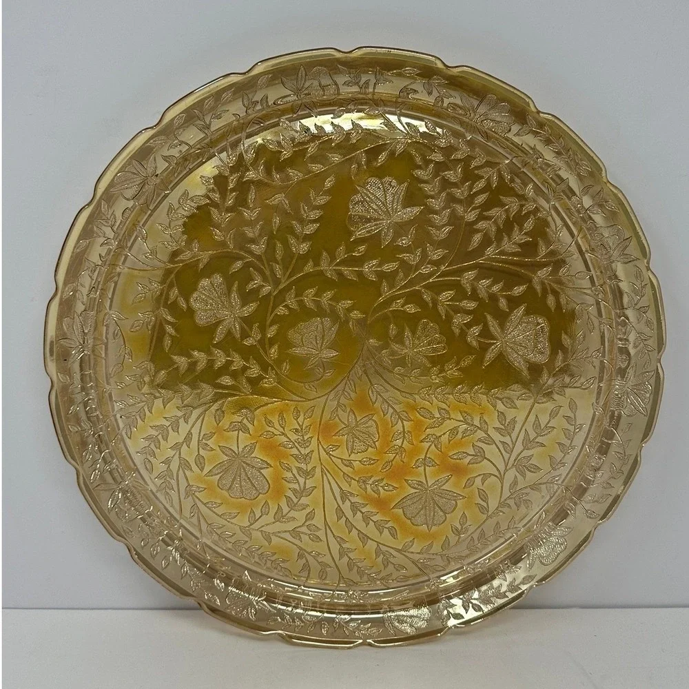 Vintage Federal Glass Marigold Carnival Glass Petal Floral 12 Inch Round Platter